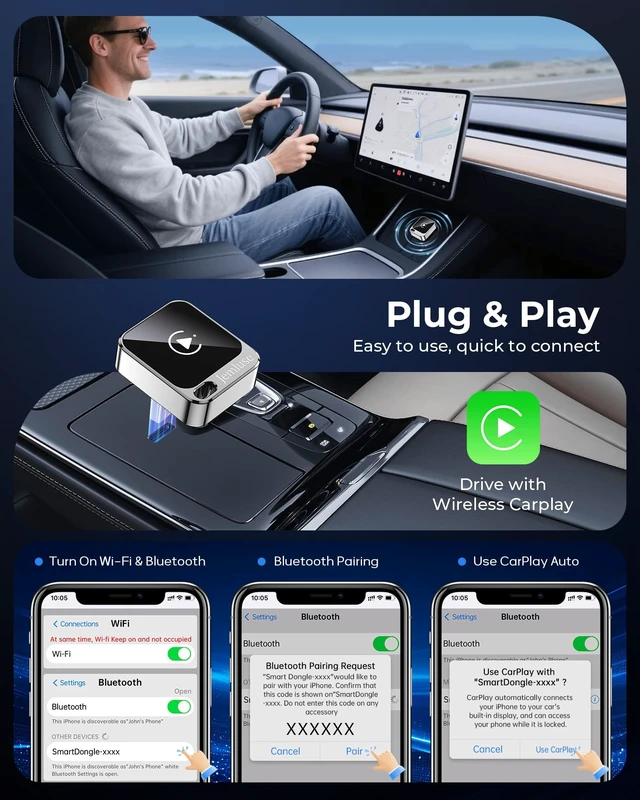 Alt view image 4 of 5 - Jemluse Wireless CarPlay Adapter for Apple, Mini Car Play Dongle for iPhone iOS 10+, Plug & Play for Cars from 2016+ w/USB-C, Works with CarPlay-Enabled Marine Stereo Receivers & Head Units