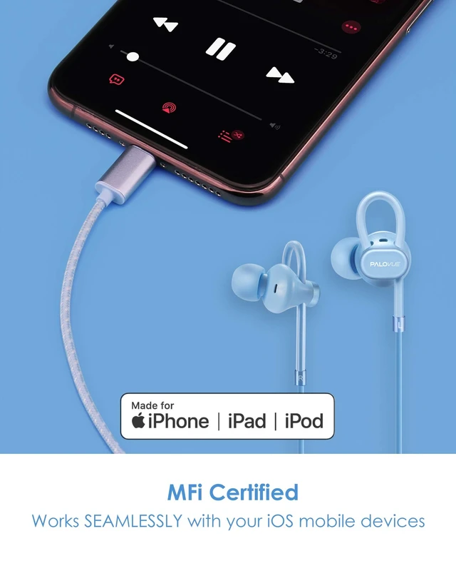 Alt view image 2 of 5 - PALOVUE Lightning Earbuds with Microphone, MFi Certified, Blue