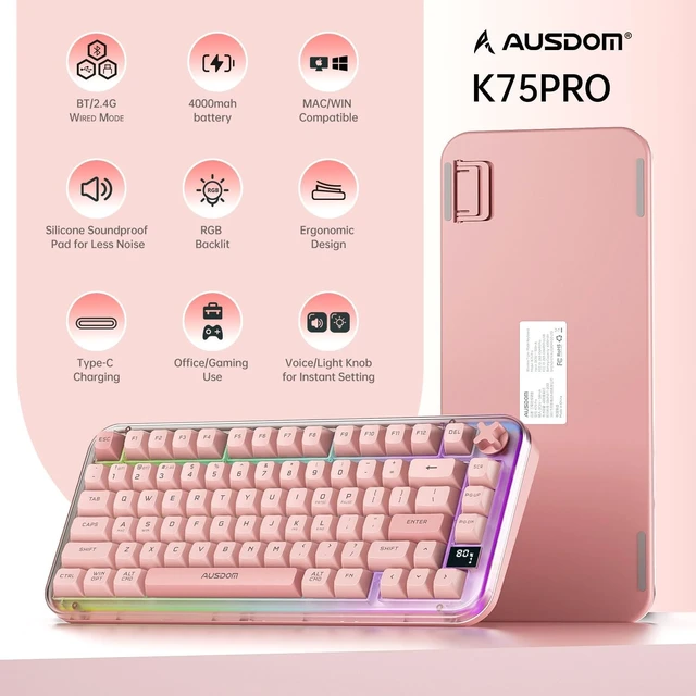 Alt view image 2 of 5 - AUSDOM K75pro Wireless Gaming Creamy Keyboard, Tri-Mode BT/2.4G/USB-C Computer Keyboard, RGB Backlit Media Knob Creamy Keyboard, Pink
