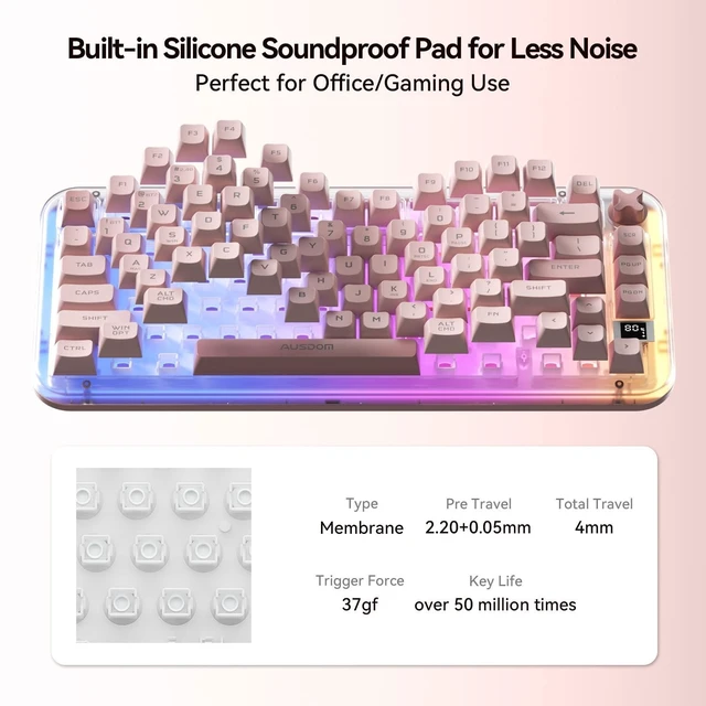 Alt view image 3 of 5 - AUSDOM K75pro Wireless Gaming Creamy Keyboard, Tri-Mode BT/2.4G/USB-C Computer Keyboard, RGB Backlit Media Knob Creamy Keyboard, Pink