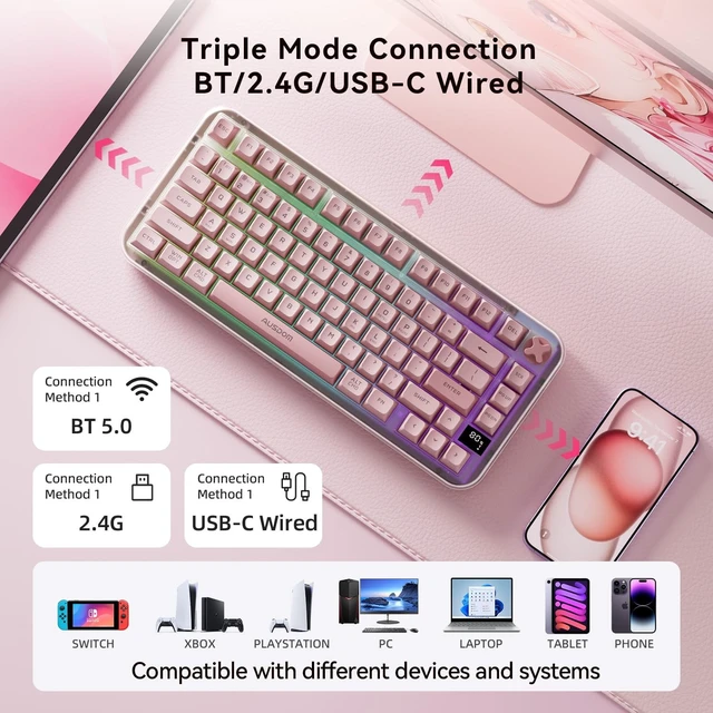 Alt view image 5 of 5 - AUSDOM K75pro Wireless Gaming Creamy Keyboard, Tri-Mode BT/2.4G/USB-C Computer Keyboard, RGB Backlit Media Knob Creamy Keyboard, Pink