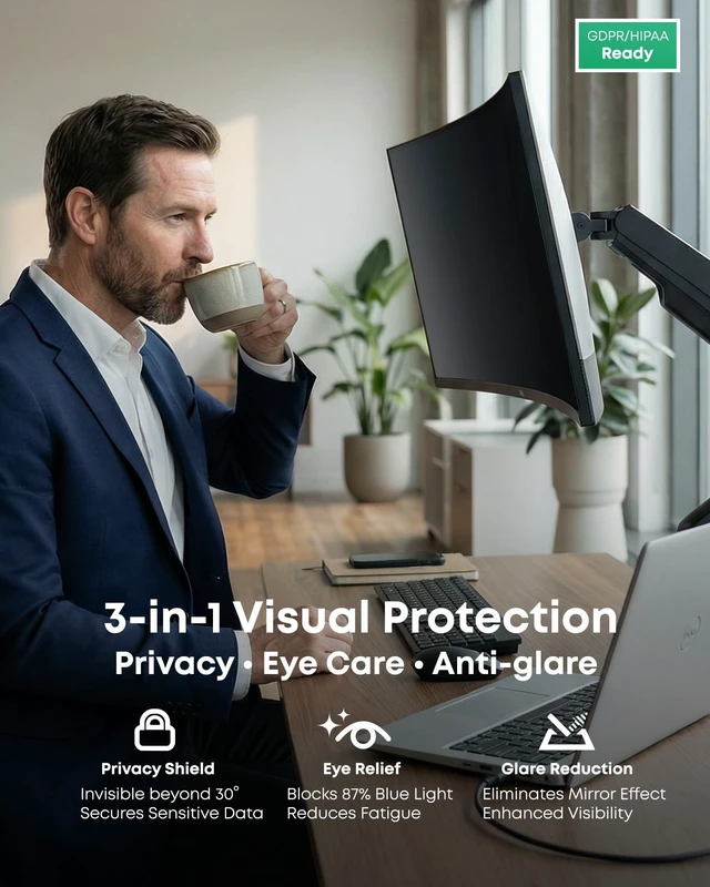Alt view image 4 of 5 - infoWall 2-Pack 21.5 Inch Computer Privacy Screen Filter (19.1" 10.8") for 16:9 Curved & Flat Monitors Nano-Suction Bezel (Tape-Free Instant Install) Anti-Glare, Blue Light Blocking, Washable