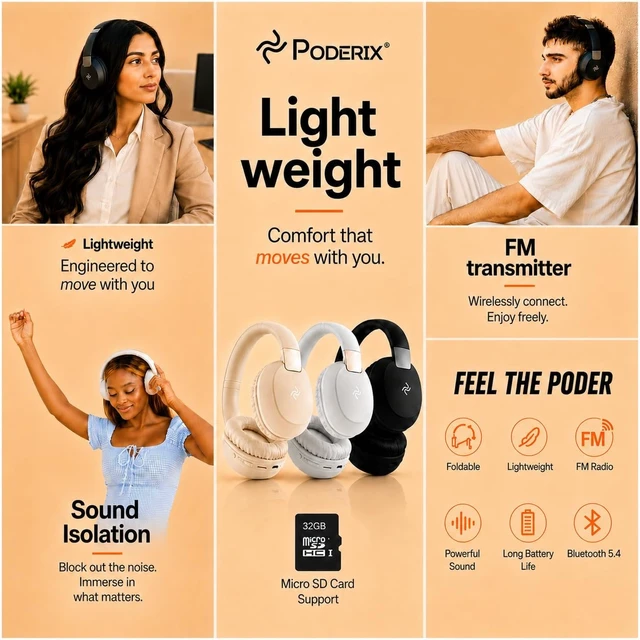 Alt view image 3 of 5 - PODERIX PDBEAM Wireless Foldable Bluetooth Over Ear Headphones with Mic, Micro SD Card Playback, 25H Playtime, 120H Standby, FM Radio, Lightweight for Travel, Work, Gym or Yoga