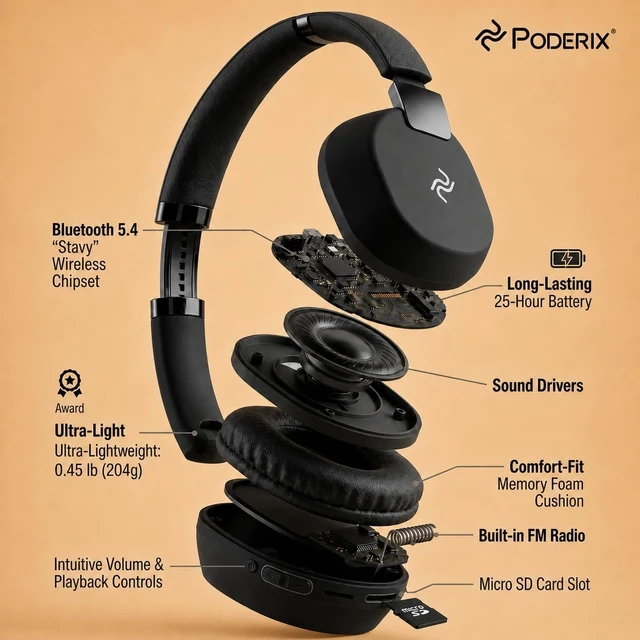 Alt view image 4 of 5 - PODERIX PDBEAM Wireless Foldable Bluetooth Over Ear Headphones with Mic, Micro SD Card Playback, 25H Playtime, 120H Standby, FM Radio, Lightweight for Travel, Work, Gym or Yoga