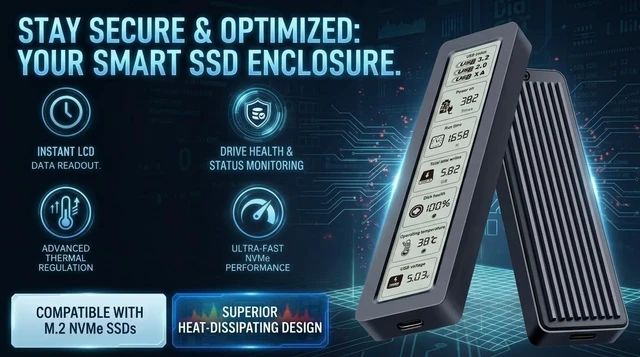 Alt view image 2 of 5 - NVMe M.2 SSD Enclosure LCD Smart Health Monitor 10Gbps USB-C Plug&Play Mac PS4