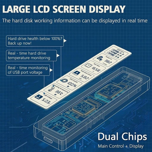 Alt view image 3 of 5 - NVMe M.2 SSD Enclosure LCD Smart Health Monitor 10Gbps USB-C Plug&Play Mac PS4
