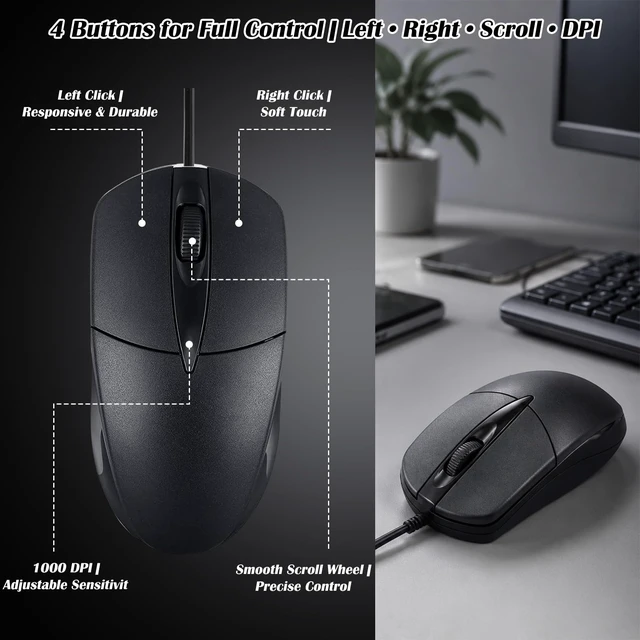 Alt view image 5 of 5 - WYQQXZYKJ 80 Pack Wired USB Silent Computer Mouse Bulk, 3 Button 1000 DPI Corded Mice for Laptop Desktop Home Office School Lab PC Gaming
