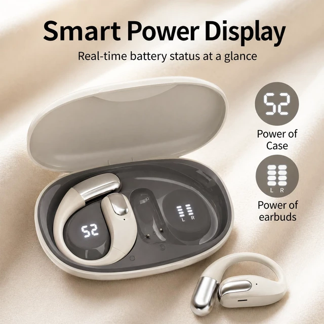 Alt view image 2 of 5 - PDSKEPZ Open Ear Earbuds, IPX4 Waterproof Running Headphones for Gym Beige, Bluetooth 5.4 Wireless Earphones, 48H Playtime, Lightweight Earbuds with Ear Hooks