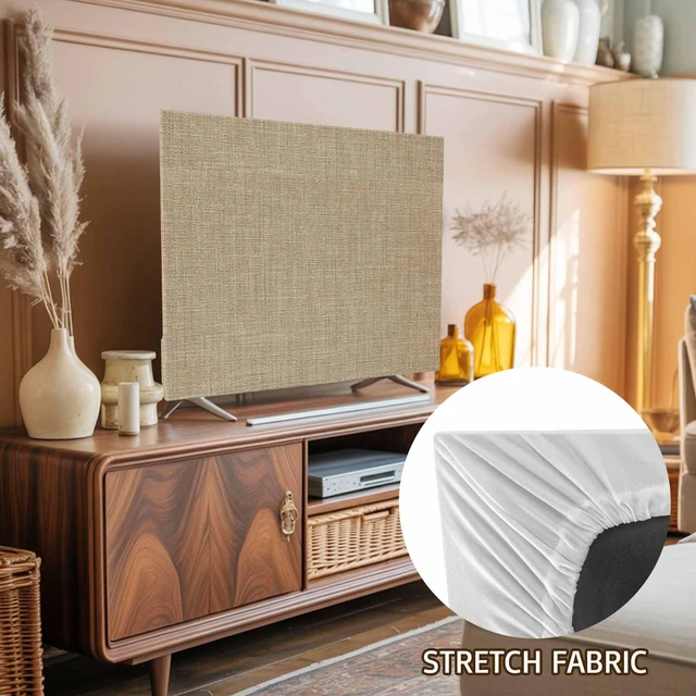 Alt view image 2 of 5 - TV Cover 75'', Vintage Brown Elastic Stretch TV Screen Dust Cover Indoor, Farmhouse Retro Solid Color Linen Texture Washable Anti-Dust Protector Covers, Universal Fit for Flat Curved LED LCD TVs