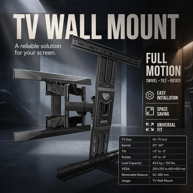 Alt view image 2 of 5 - CasaTech Full Motion TV Wall Mount for 45-75 Inch TVs, Retractable Articulating Bracket with Tilt, Swivel & Extension, Holds Up to 100 lbs, Fits VESA 200x200 to 600x400 mm