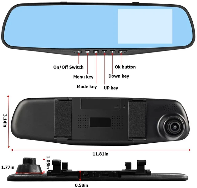 Alt view image 2 of 5 - Mirror Dash Cam for Car, 4.3" Backup Smart Rearview Mirror Camera, Waterproof HD 1080P Front and Rear Wide Angle, Support Dual Cameras, Night Vision, Parking Assistance & Loop Record