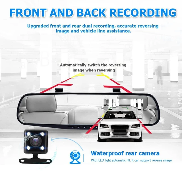 Alt view image 3 of 5 - Mirror Dash Cam for Car, 4.3" Backup Smart Rearview Mirror Camera, Waterproof HD 1080P Front and Rear Wide Angle, Support Dual Cameras, Night Vision, Parking Assistance & Loop Record