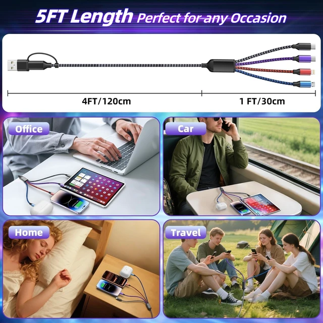Alt view image 5 of 5 - USB A/C Multi Charger Cable, 4 in 2 USB Multiple Type C Charging Cords