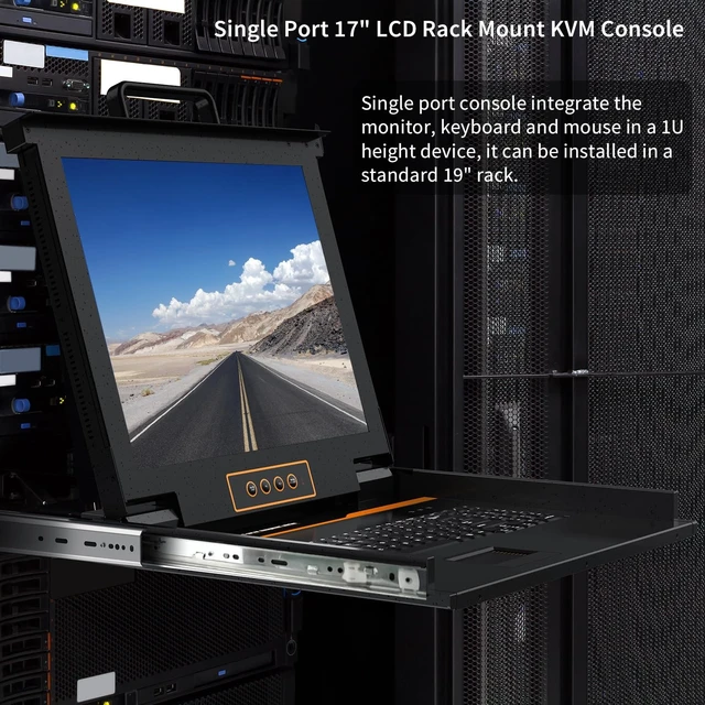 Alt view image 2 of 5 - Rack Mount KVM Console - 1U Rack Mounted 17" LCD Drawer with Monitor and Keyboard, Single Port VGA, 50,000 MTBF, Includes 1 USB VGA KVM Cable,1 Power Cord, 2 Brackets, Upgraded