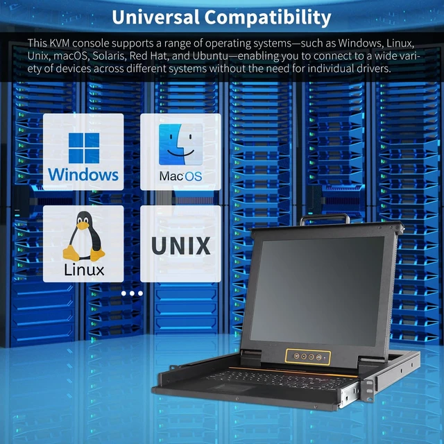 Alt view image 5 of 5 - Rack Mount KVM Console - 1U Rack Mounted 17" LCD Drawer with Monitor and Keyboard, Single Port VGA, 50,000 MTBF, Includes 1 USB VGA KVM Cable,1 Power Cord, 2 Brackets, Upgraded