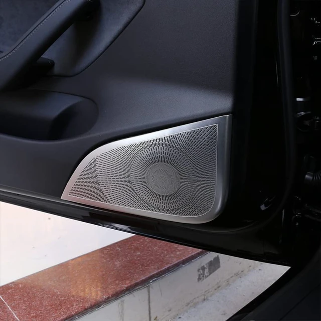 Alt view image 4 of 5 - TongSheng 4PCS Car Door Audio Speaker Cover for Tesla Model 3 2017-2021 Stainless Steel Car Door Speaker Net Decoration Stickers Car Coaxial Speaker Cover Grill Car Door Speaker Cover