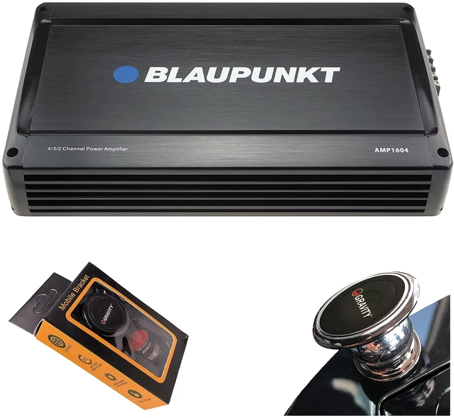 Main image of Gravity Bundle with Blaupunkt AMP1604 1600W 4-Channel Car Amplifier, 2 Ohm Stable Full Range, 4/3/2 Channel, Bass Boost, Slim Compact Amp & Magnetic Phone Holder