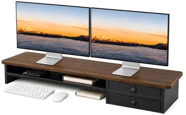 Main image of ExaDesk Dual Monitor Stand, 42.5 Inch Wood Monitor Riser with Drawers, 2 Tier Desktop Organizer for Computer Laptop TV, Large Screen Stand for Home Office Desk