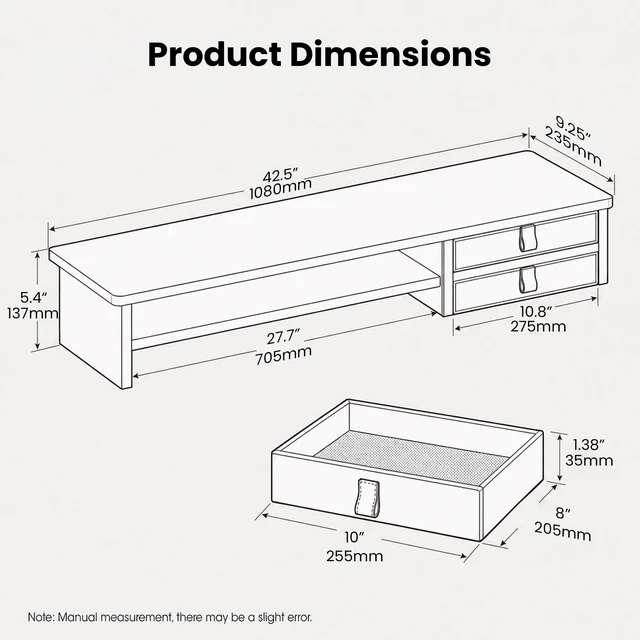 Alt view image 2 of 5 - ExaDesk Dual Monitor Stand, 42.5 Inch Wood Monitor Riser with Drawers, 2 Tier Desktop Organizer for Computer Laptop TV, Large Screen Stand for Home Office Desk