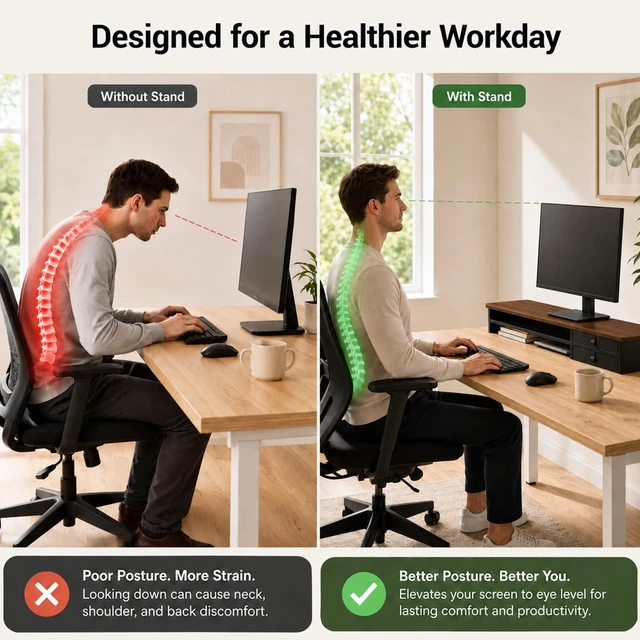 Alt view image 4 of 5 - ExaDesk Dual Monitor Stand, 42.5 Inch Wood Monitor Riser with Drawers, 2 Tier Desktop Organizer for Computer Laptop TV, Large Screen Stand for Home Office Desk