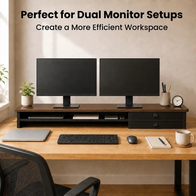 Alt view image 5 of 5 - ExaDesk Dual Monitor Stand, 42.5 Inch Wood Monitor Riser with Drawers, 2 Tier Desktop Organizer for Computer Laptop TV, Large Screen Stand for Home Office Desk