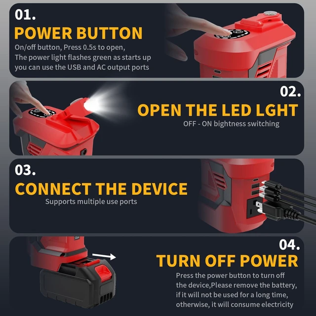 Alt view image 5 of 5 - AMYBEST 300W Portable Power Inverter for Makita 20V, DC to AC 110V Outdoor Generator Battery Converter with Type-C & Dual USB, Portable Power Station with LED Light