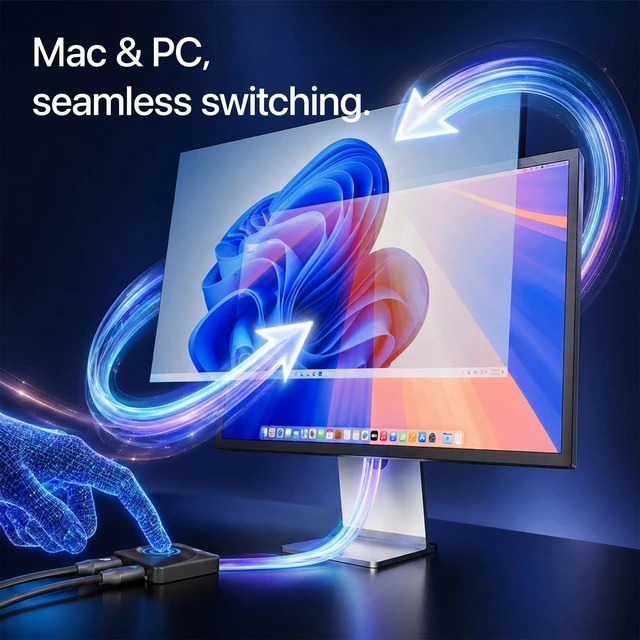 Alt view image 2 of 5 - RockCheems USB-C KVM Switch: Use Apple Studio Display/XDR with Windows PC & Mac, Displayport to USB-C Bridge, Supports Built-in Camera/Mic/Audio/PD, LG Ultrafine, ASUS ProArt, 5K@120Hz 6K@60Hz