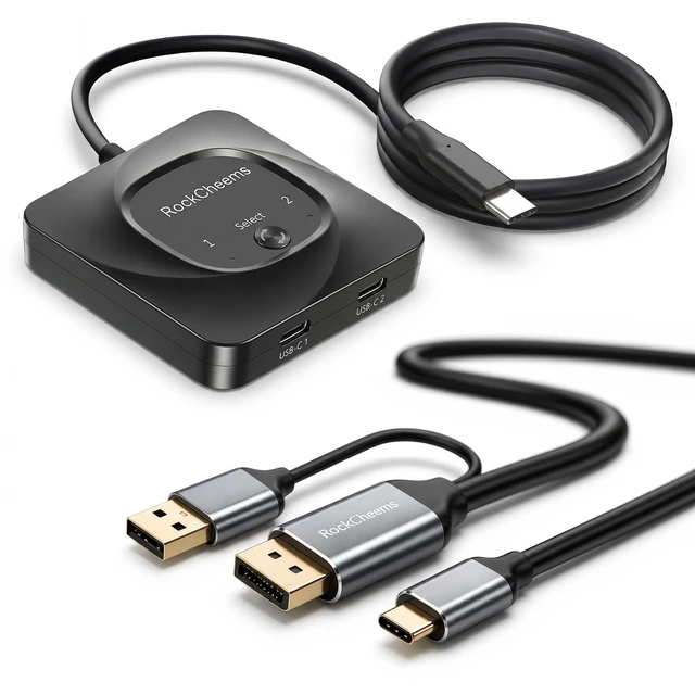 Main image of RockCheems USB-C KVM Switch: Use Apple Studio Display/XDR with Windows PC & Mac, Displayport to USB-C Bridge, Supports Built-in Camera/Mic/Audio/PD, LG Ultrafine, ASUS ProArt, 5K@120Hz 6K@60Hz