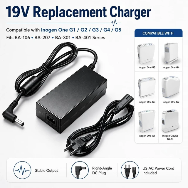 Alt view image 2 of 5 - 19V Replacement Charger for Inogen One G1-G5 Oxygen Concentrator, Compatible BA-106 BA-207 BA-301 BA-401 Series Power Adapter