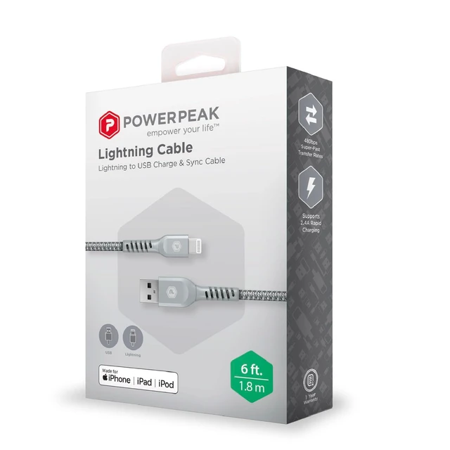 Alt view image 3 of 5 - POWERPEAK USB-A to Lightning Cable, 6ft Braided Nylon Metallic iPhone Charger Cord, (MFi Certified) Sync Cable Compatible with iPhone Lightning Port Devices ^^ Silver