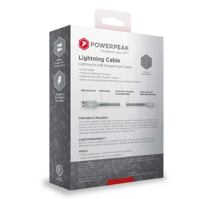 Alt view image 4 of 5 - POWERPEAK USB-A to Lightning Cable, 6ft Braided Nylon Metallic iPhone Charger Cord, (MFi Certified) Sync Cable Compatible with iPhone Lightning Port Devices ^^ Silver