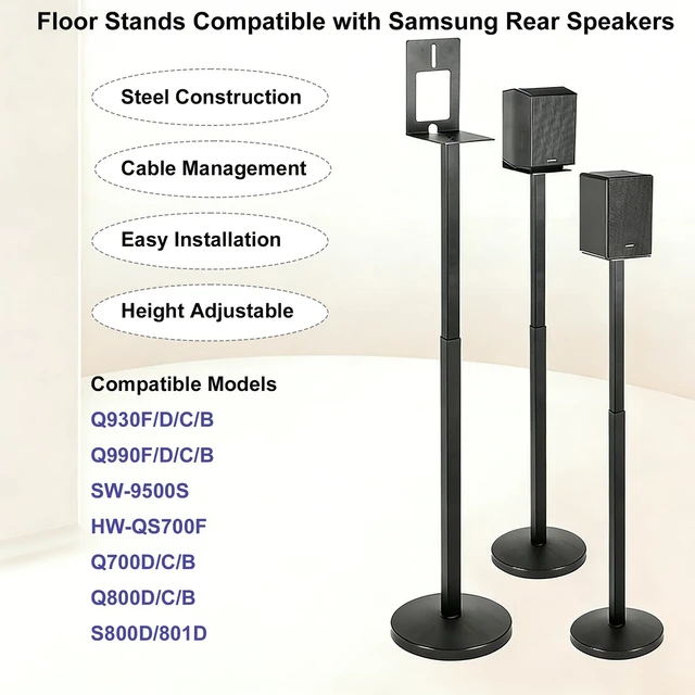 Alt view image 2 of 5 - OCXLLEATLY Speaker Floor Stands Pair for Samsung Rear Speakers 9500S/Q990F/930F, Height Adjustable (31.5" to 51") Audio Bracket with Cable Management, Black
