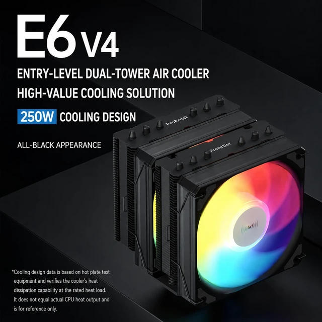 Alt view image 3 of 5 - ProArtist Black Dual Tower E6 V4 RGB CPU Air Cooler for Gaming PC, 250W TDP