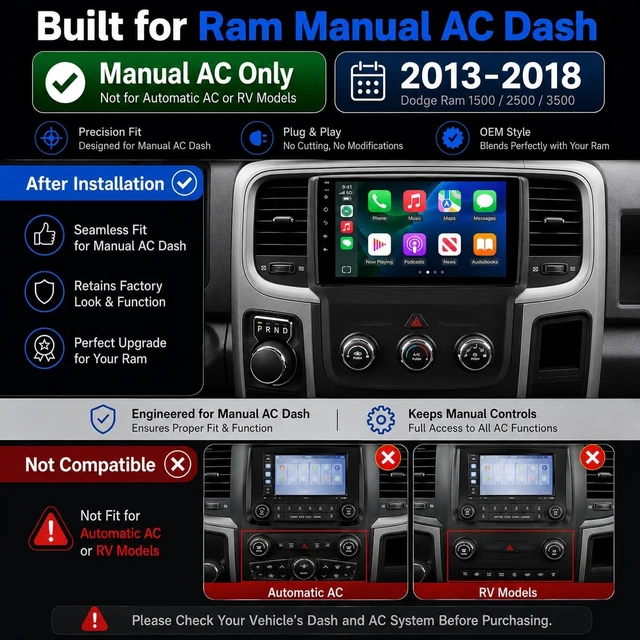 Alt view image 2 of 5 - Car Stereo for Dodge Ram 1500 2500 3500 2013 2014 2015 2016 2017 2018, 9" Android 13 Touchscreen Radio, Wireless CarPlay Android Auto, GPS, Bluetooth, Backup Camera, Manual AC Only