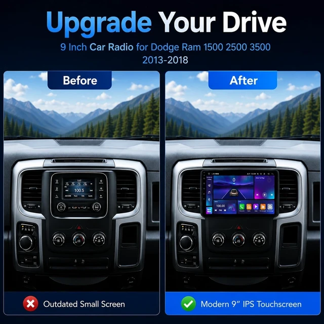 Alt view image 3 of 5 - Car Stereo for Dodge Ram 1500 2500 3500 2013 2014 2015 2016 2017 2018, 9" Android 13 Touchscreen Radio, Wireless CarPlay Android Auto, GPS, Bluetooth, Backup Camera, Manual AC Only