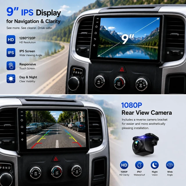Alt view image 5 of 5 - Car Stereo for Dodge Ram 1500 2500 3500 2013 2014 2015 2016 2017 2018, 9" Android 13 Touchscreen Radio, Wireless CarPlay Android Auto, GPS, Bluetooth, Backup Camera, Manual AC Only