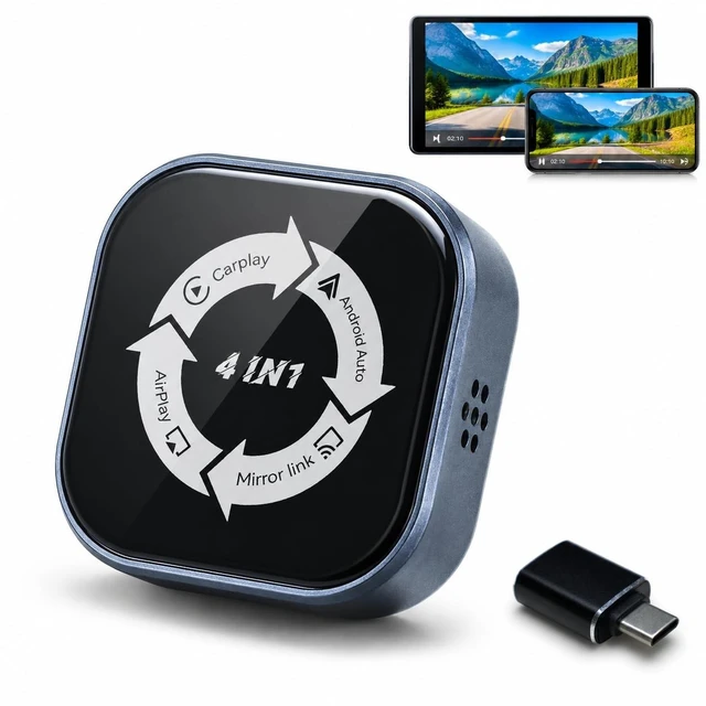 Main image of Wireless CarPlay Adapter 4 in 1, Wireless Android Auto Box with Airplay Mirror Link, Screen Mirroring, Plug & Play for Cars with Wired CarPlay/Android Auto