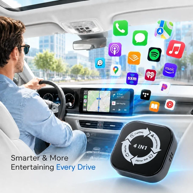 Alt view image 5 of 5 - Wireless CarPlay Adapter 4 in 1, Wireless Android Auto Box with Airplay Mirror Link, Screen Mirroring, Plug & Play for Cars with Wired CarPlay/Android Auto