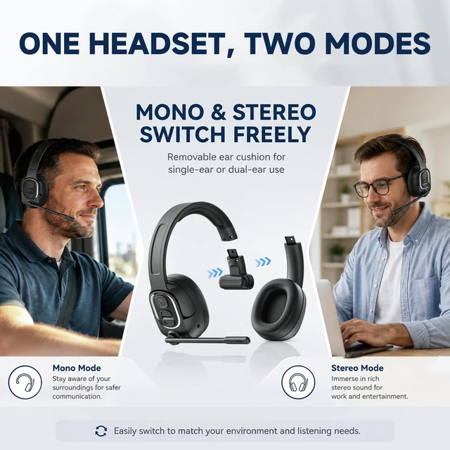Alt view image 2 of 5 - SENIKOS Trucker Bluetooth Headset with Flexible Boom Mic for Work