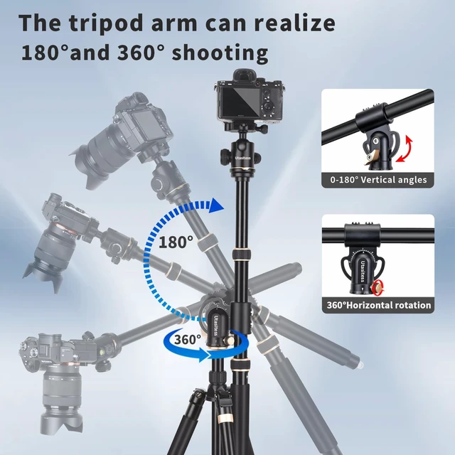 Alt view image 2 of 5 - Utasitess 86.6 inch Camera Tripod Monopod with Center Column and Ball Head Aluminum, Arca Type QR Plate,Horizontal Overhead Shooting Tripod for DSLR Camera Video Camcorder, Heavy Duty Max Load: 27lb