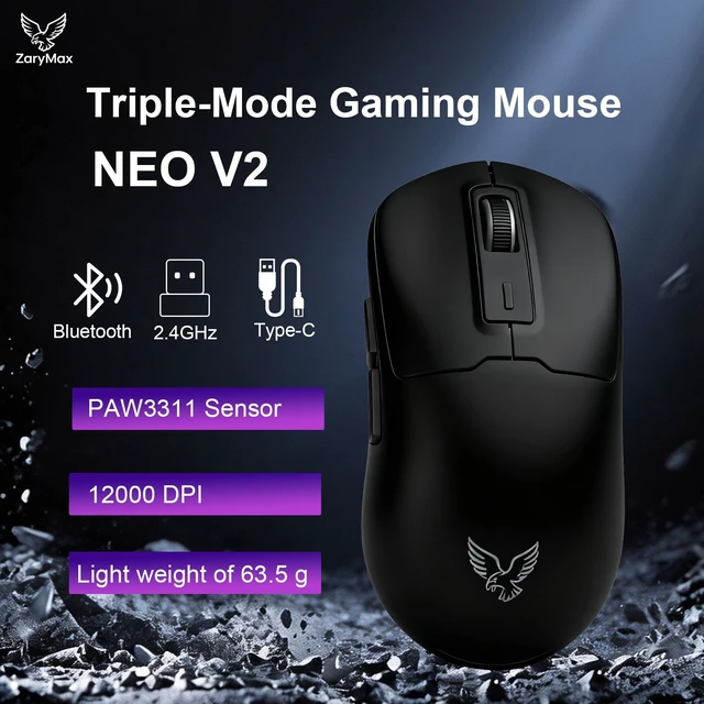 Alt view image 2 of 5 - ZaryMax NEO V2 Wireless Gaming Mouse, Tri-Mode, 55g, 12000DPI RGB, Black
