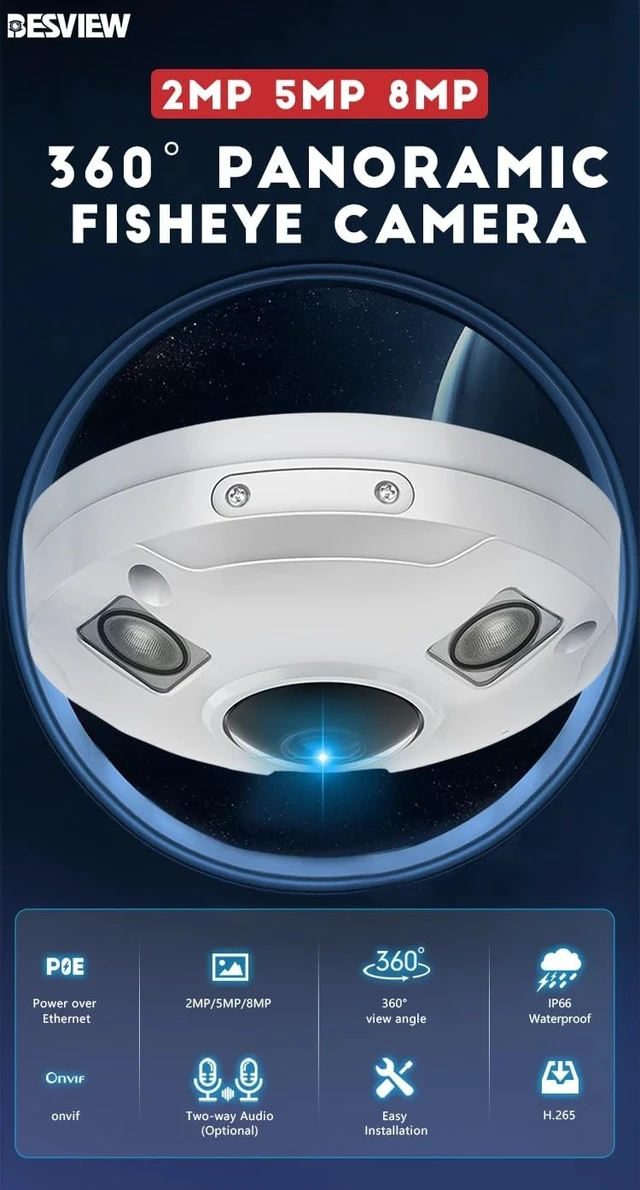 Alt view image 2 of 5 - 8MP Waterproof 360 Panorama POE Fisheye Surveillance Camera IR Night Vision Security CCTV IP Network Indoor & Outdoor Camera
