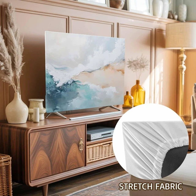 Alt view image 2 of 5 - TV Cover 75'', Teal Beige Elastic Stretch TV Screen Dust Cover Indoor, Modern Oil Painting Art Coastal Washable Anti-Dust & Scratch Protector Covers, Universal Fit for Flat Curved LED LCD TVs