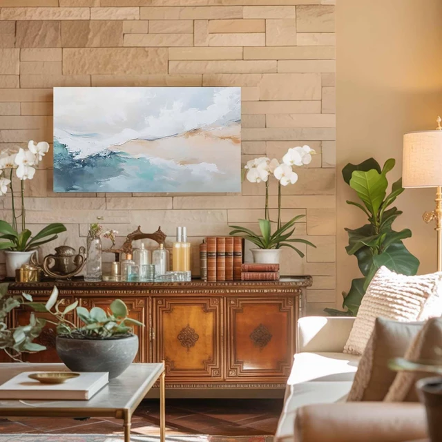Alt view image 4 of 5 - TV Cover 75'', Teal Beige Elastic Stretch TV Screen Dust Cover Indoor, Modern Oil Painting Art Coastal Washable Anti-Dust & Scratch Protector Covers, Universal Fit for Flat Curved LED LCD TVs