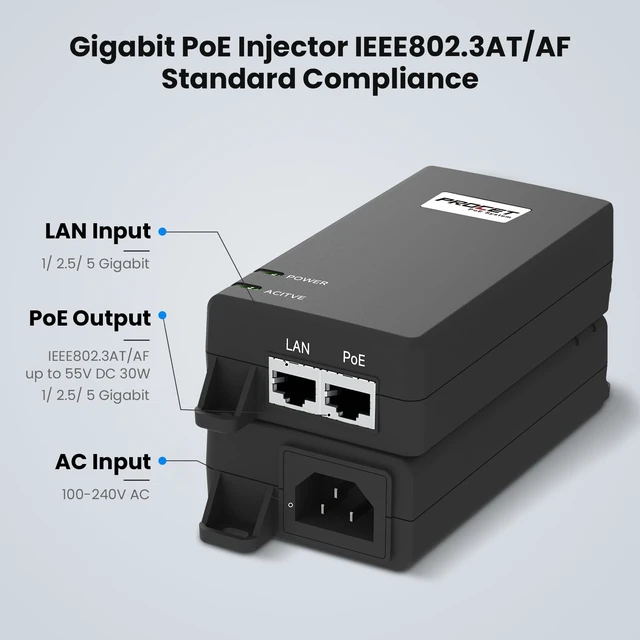 Alt view image 2 of 5 - PROCET 5GbE PoE Injector 30W IEEE802.3AT, Gigabit, -40 to 149 for eero PoE 6/7, UniFi U7 PRO, 4K/8K PTZ AI/IR Camera, Access Point, Wireless mmWave Bridge, Small Cell, Base Station