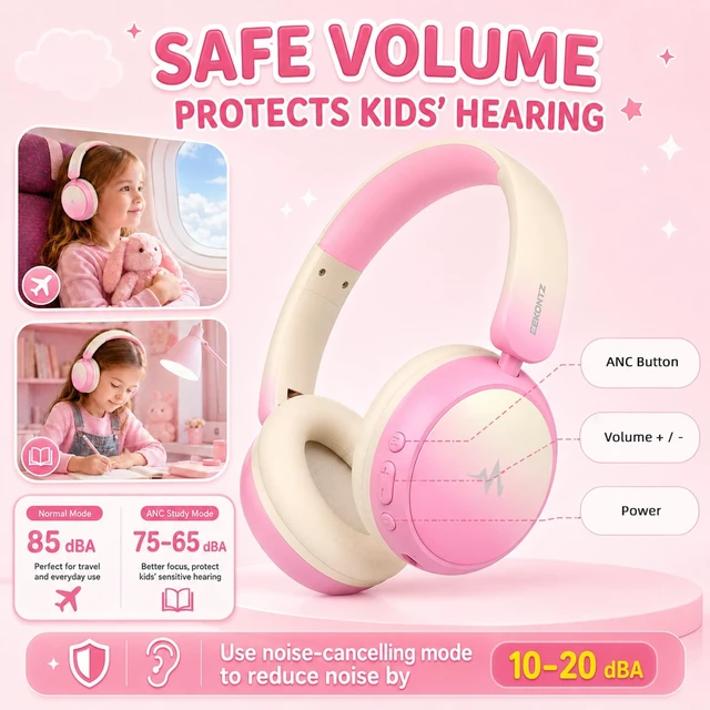 Alt view image 3 of 5 - Eekontz Kids Wireless Headphones for Girls,Over-Ear Kids Headset