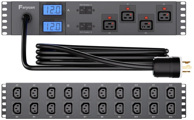 Main image of Faryuan 2U Front/Rear Metered Rack PDU, 30A 208V/240V, 24 Outlets (4 Front Auto-Lock C19, 20 Rear C13), Dual Meters, Dual UL489 Breakers, 15ft, L6-30P, for GPU Clusters & ASIC MiningAI Servers