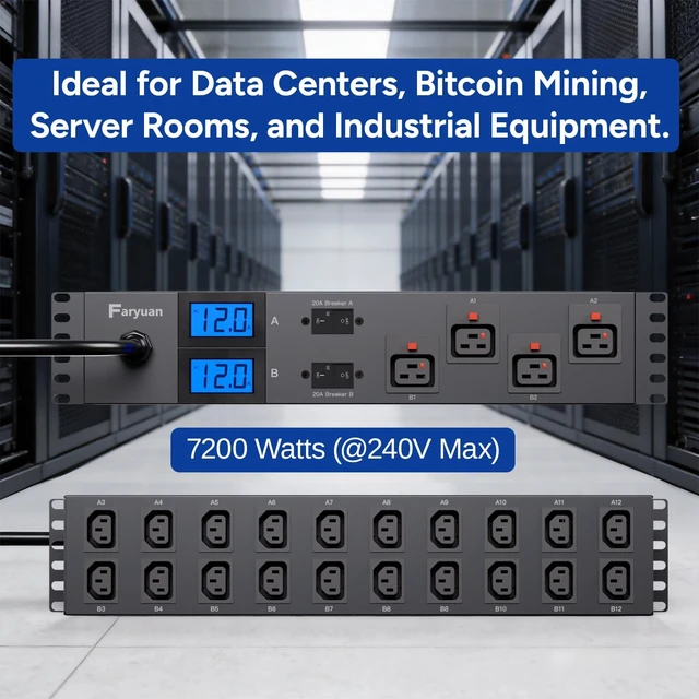 Alt view image 2 of 5 - Faryuan 2U Front/Rear Metered Rack PDU, 30A 208V/240V, 24 Outlets (4 Front Auto-Lock C19, 20 Rear C13), Dual Meters, Dual UL489 Breakers, 15ft, L6-30P, for GPU Clusters & ASIC MiningAI Servers