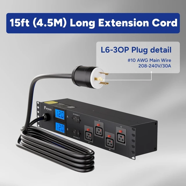 Alt view image 3 of 5 - Faryuan 2U Front/Rear Metered Rack PDU, 30A 208V/240V, 24 Outlets (4 Front Auto-Lock C19, 20 Rear C13), Dual Meters, Dual UL489 Breakers, 15ft, L6-30P, for GPU Clusters & ASIC MiningAI Servers