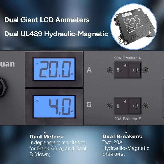 Alt view image 5 of 5 - Faryuan 2U Front/Rear Metered Rack PDU, 30A 208V/240V, 24 Outlets (4 Front Auto-Lock C19, 20 Rear C13), Dual Meters, Dual UL489 Breakers, 15ft, L6-30P, for GPU Clusters & ASIC MiningAI Servers